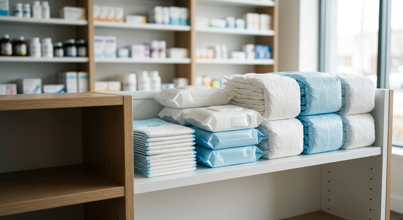 Predo diapers, wipes and linen savers stacked on a pharmacy shelf